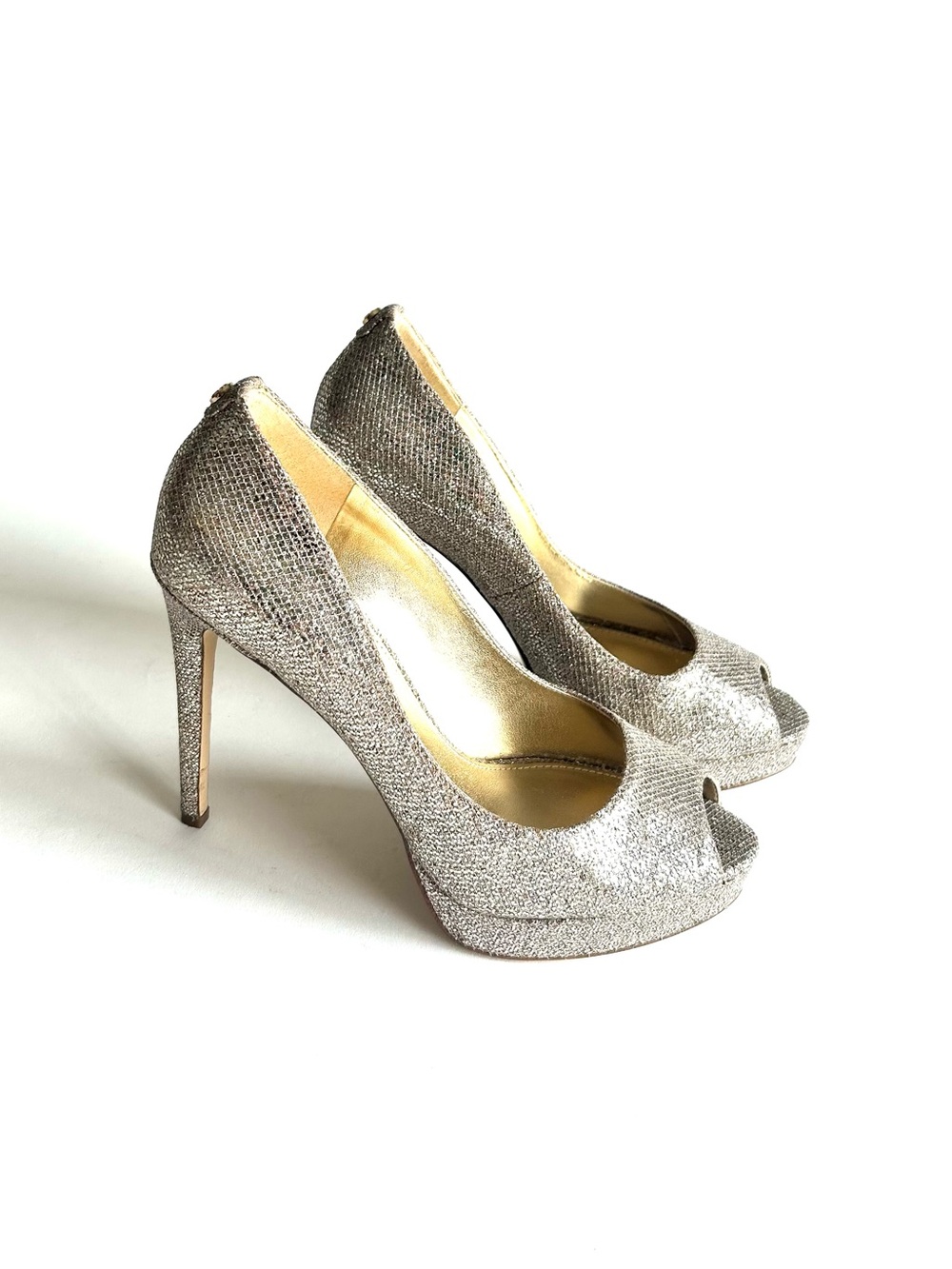 Michael Kors Gold Glitter Open Toe Textile Platform Heels size 7